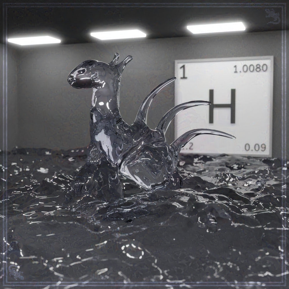 Eine 3D-Grafik, in welcher der Stranger aus Wasser besteht und der Boden ebenfalls damit bedeckt ist. Im Hintergrund hängt eine Plakette, welche die Grundeigenschaften des Elements Wasserstoff zeigt.