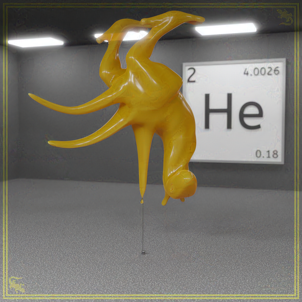 Eine 3D-Grafik, in welcher der Stranger als gelber Ballon unter der Zimmerdecke schwebt. Im Hintergrund hängt eine Plakette, welche die Grundeigenschaften des Elements Helium zeigt.
