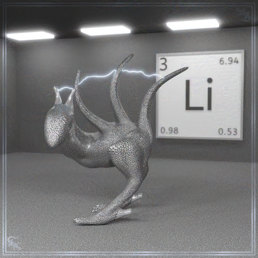 Eine 3D-Grafik, in welcher der Stranger aus silbrigem Metall besteht und Blitze zwischen seinen Rückenstacheln zucken. Im Hintergrund hängt eine Plakette, welche die Grundeigenschaften des Elements Lithium zeigt.