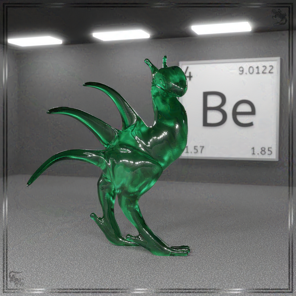 Eine 3D-Grafik, in welcher der Stranger aus Smaragd besteht. Im Hintergrund hängt eine Plakette, welche die Grundeigenschaften des Elements Beryllium zeigt.