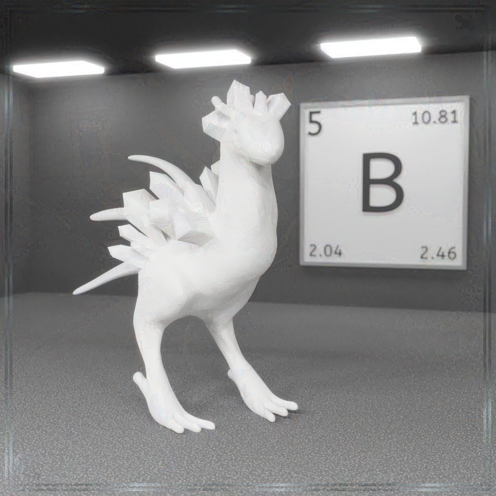 Eine 3D-Grafik, in welcher der Stranger von Borax-Kristallen bedeckt ist. Im Hintergrund hängt eine Plakette, welche die Grundeigenschaften des Elements Bor zeigt.