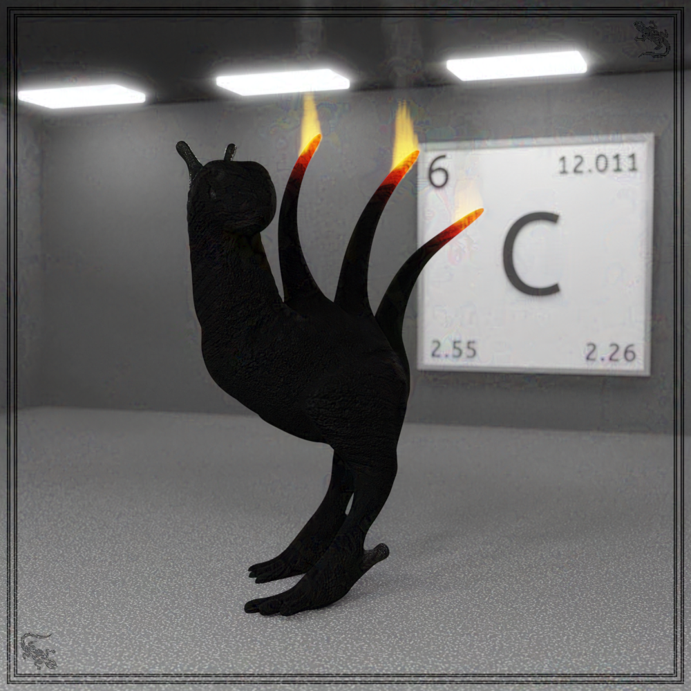 Eine 3D-Grafik, in welcher der Stranger als brennende Holzkohle auftritt. Im Hintergrund hängt eine Plakette, welche die Grundeigenschaften des Elements Kohlenstoff zeigt.