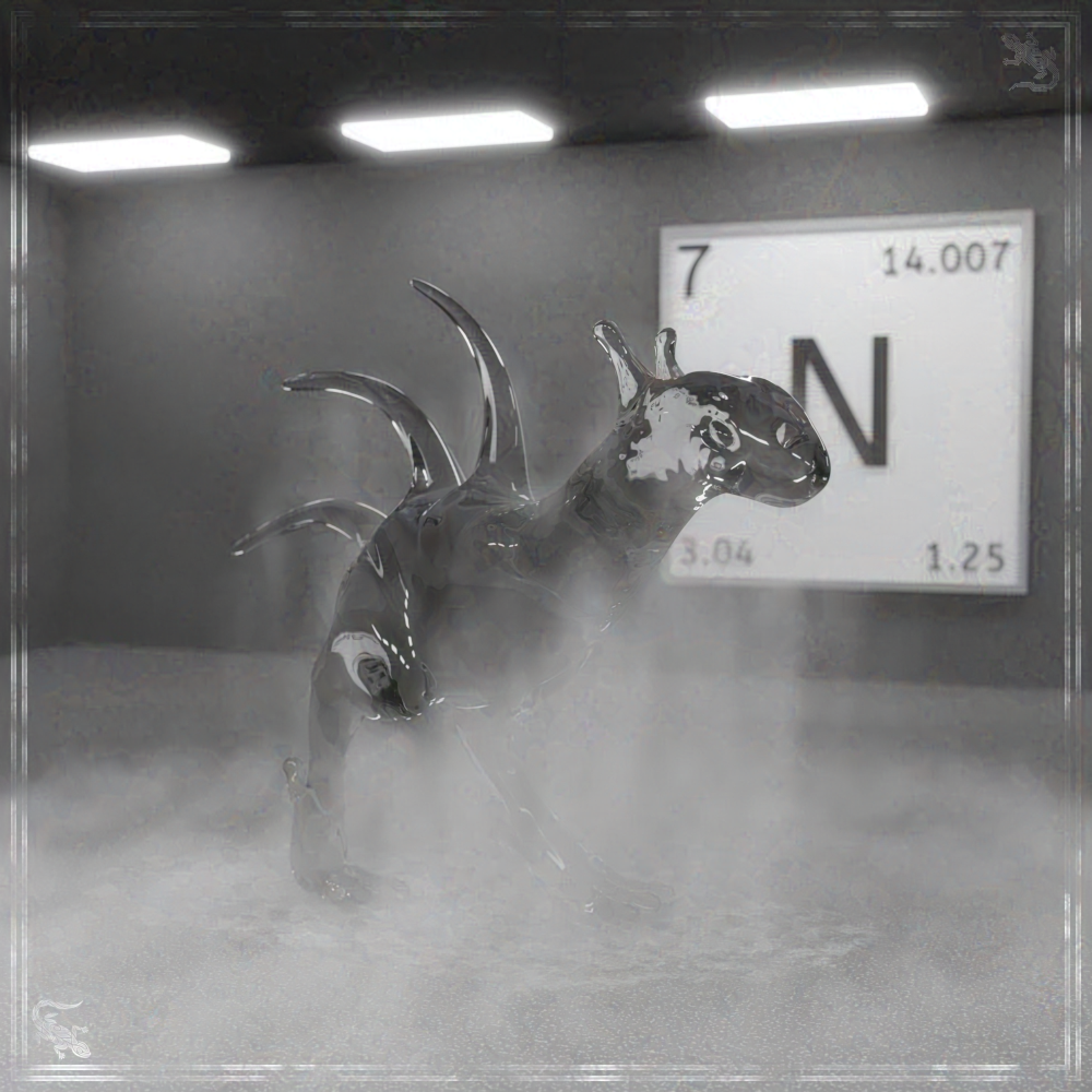 Eine 3D-Grafik, in welcher der Stranger aus flüssigem Stickstoff besteht. Im Hintergrund hängt eine Plakette, welche die Grundeigenschaften des Elements Stickstoff zeigt.