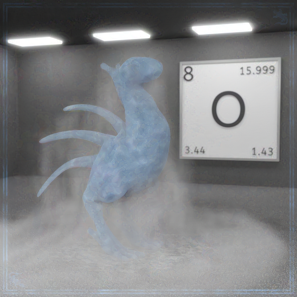 Eine 3D-Grafik, in welcher der Stranger aus gefrorenem Sauerstoff besteht. Im Hintergrund hängt eine Plakette, welche die Grundeigenschaften des Elements Sauerstoff zeigt.