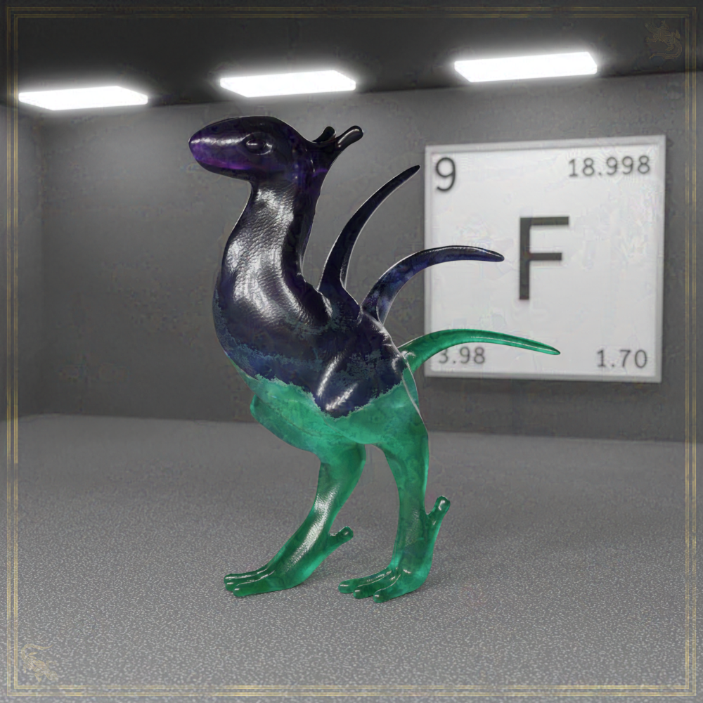 Eine 3D-Grafik, in welcher der Stranger als der Edelstein Florit auftritt. Im Hintergrund hängt eine Plakette, welche die Grundeigenschaften des Elements Fluor zeigt.