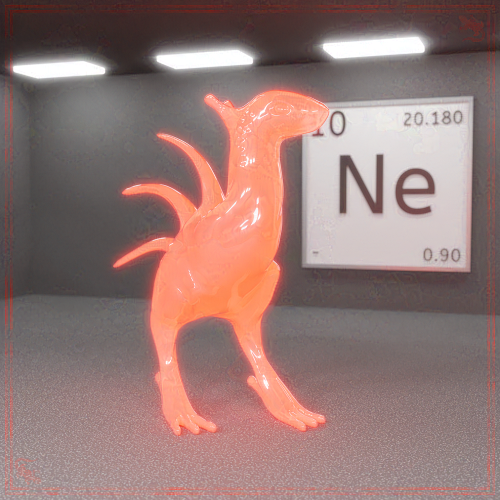 Eine 3D-Grafik, in welcher der Stranger eine Glashülle voller Neongas darstellt. Im Hintergrund hängt eine Plakette, welche die Grundeigenschaften des Elements Neon zeigt.