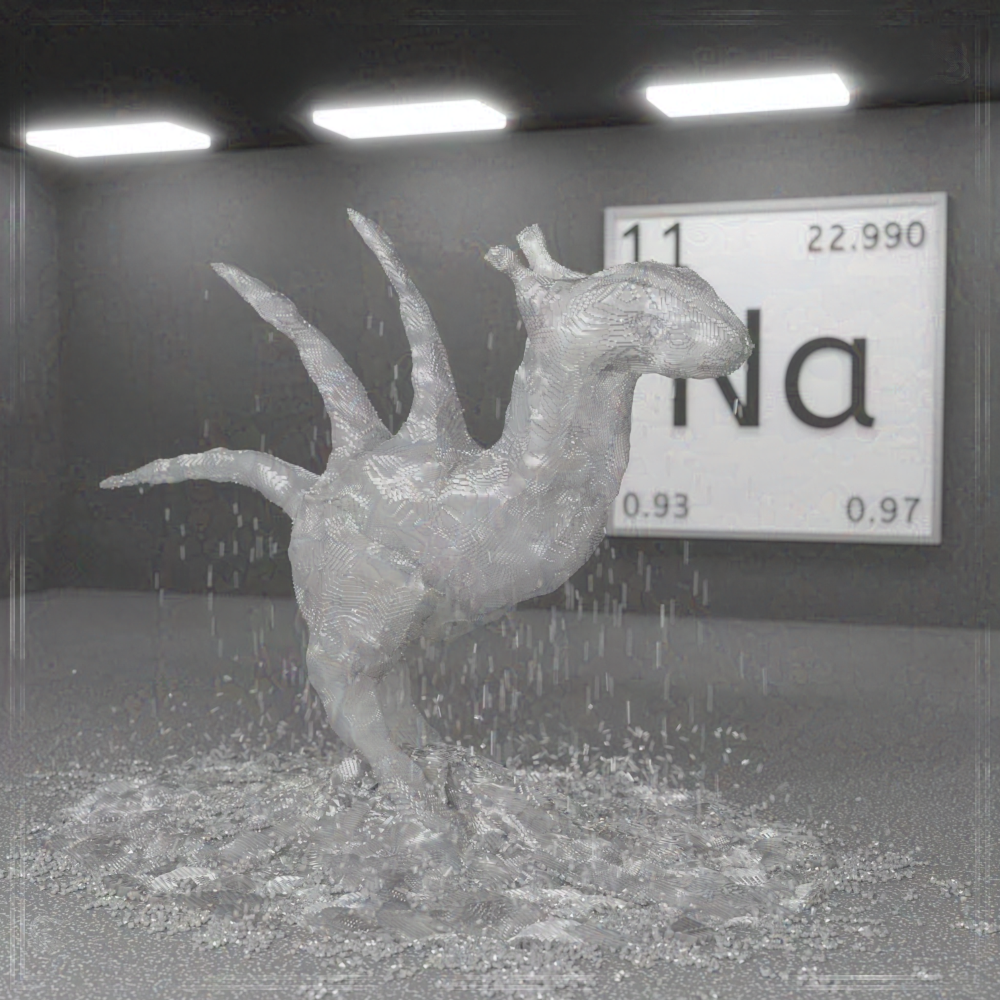 Eine 3D-Grafik, in welcher der Stranger aus Salzkörnern besteht. Im Hintergrund hängt eine Plakette, welche die Grundeigenschaften des Elements Natrium zeigt.