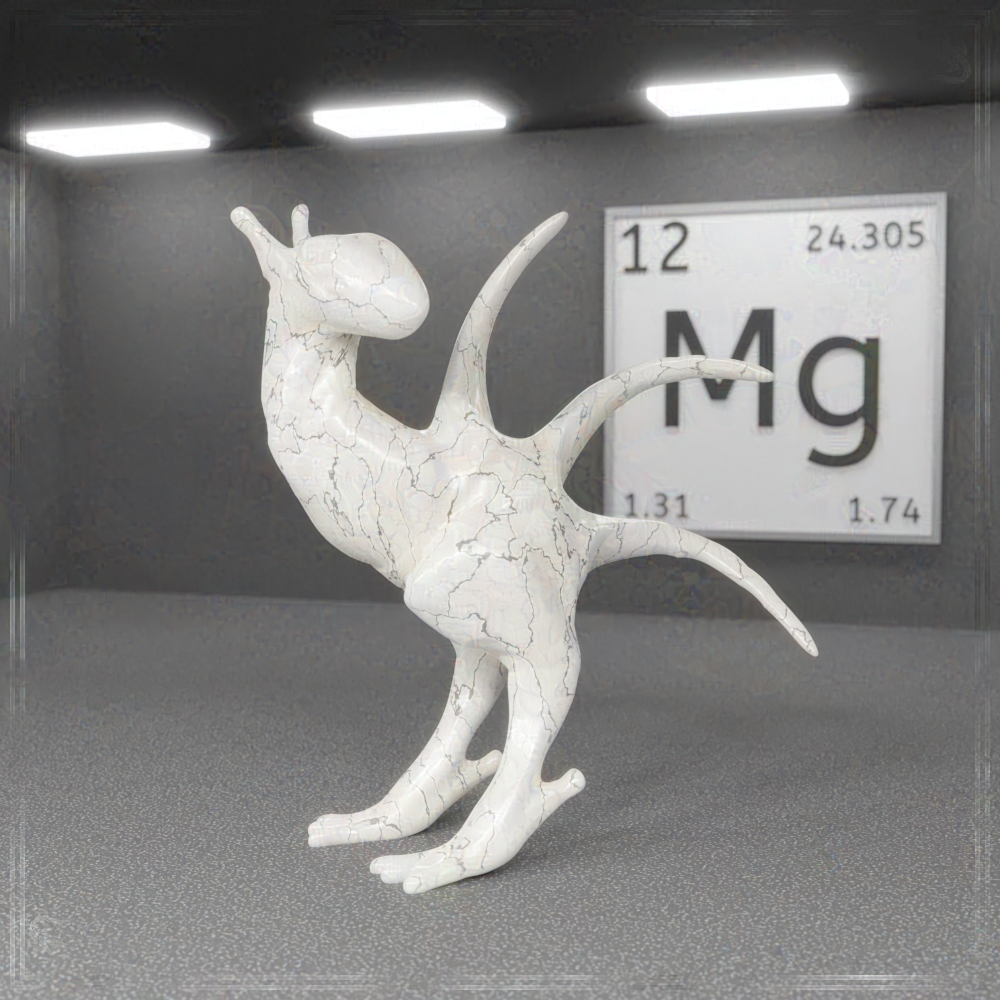 Eine 3D-Grafik, in welcher der Stranger als Magnesit auftritt. Im Hintergrund hängt eine Plakette, welche die Grundeigenschaften des Elements Magnesium zeigt.