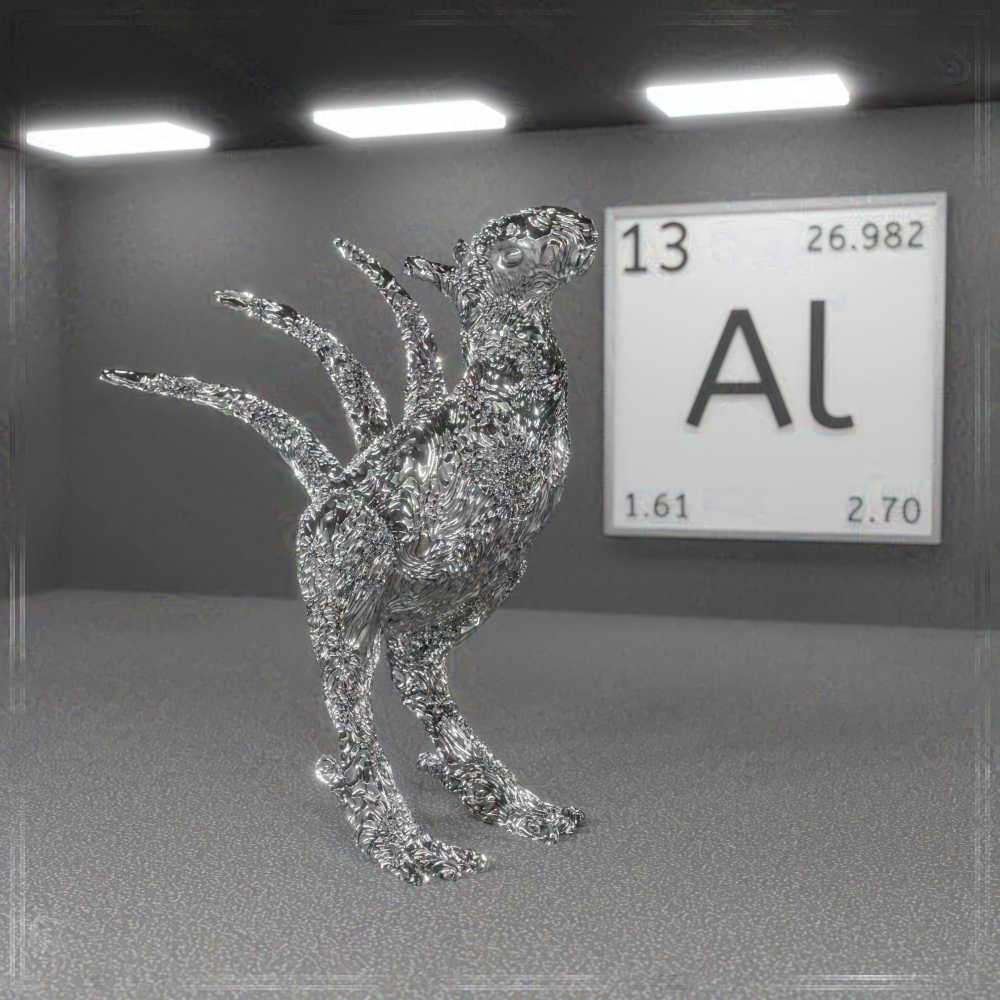 Eine 3D-Grafik, in welcher der Stranger aus zerknüllter Alufolie besteht. Im Hintergrund hängt eine Plakette, welche die Grundeigenschaften des Elements Aluminium zeigt.