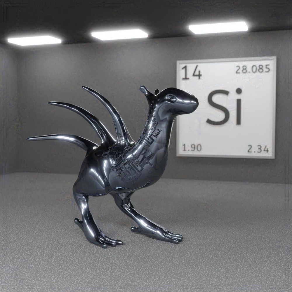 Eine 3D-Grafik, in welcher der Stranger aus reinem Silizium besteht, in das schaltkreisähnliche Muster graviert wurden. Im Hintergrund hängt eine Plakette, welche die Grundeigenschaften des Elements Silizium zeigt.