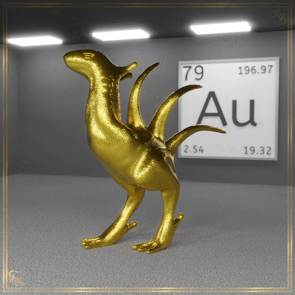 Eine 3D-Grafik, in welcher der Stranger aus Gold besteht. Im Hintergrund hängt eine Plakette, welche die Grundeigenschaften des Elements Gold zeigt.